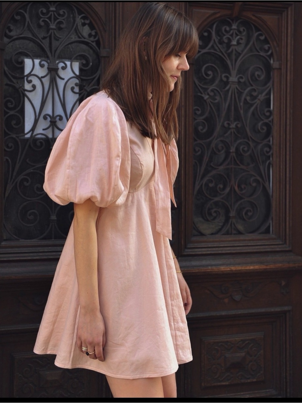 Zimmermann Peach Puff-Sleeve V-Neck Tie-Waist Mini Dress. Excellent condition.